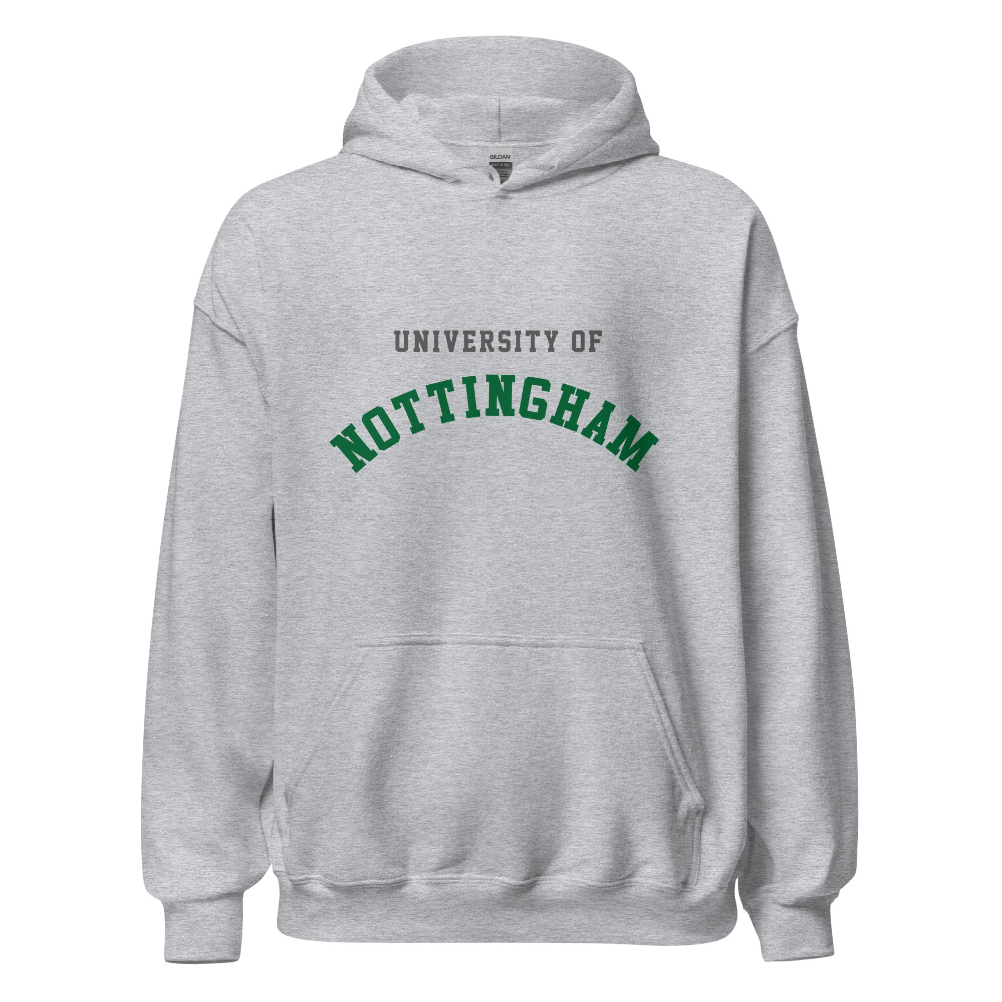 Unisex heather gray hoodie featuring University of Nottingham logo printed across the front chest