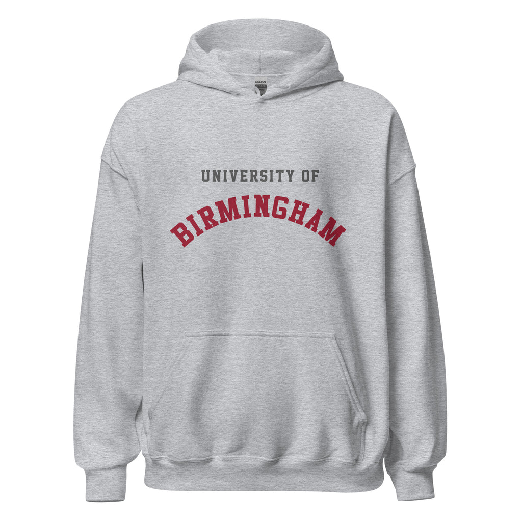 Unisex black hoodie featuring University of Birmingham logo printed across the front chest