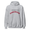 Unisex black hoodie featuring University of Birmingham logo printed across the front chest