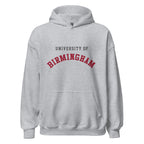 Unisex black hoodie featuring University of Birmingham logo printed across the front chest