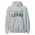 Unisex navy blue hoodie featuring University of Leeds logo printed across the front chest