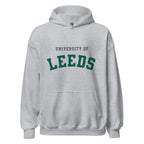 Unisex navy blue hoodie featuring University of Leeds logo printed across the front chest