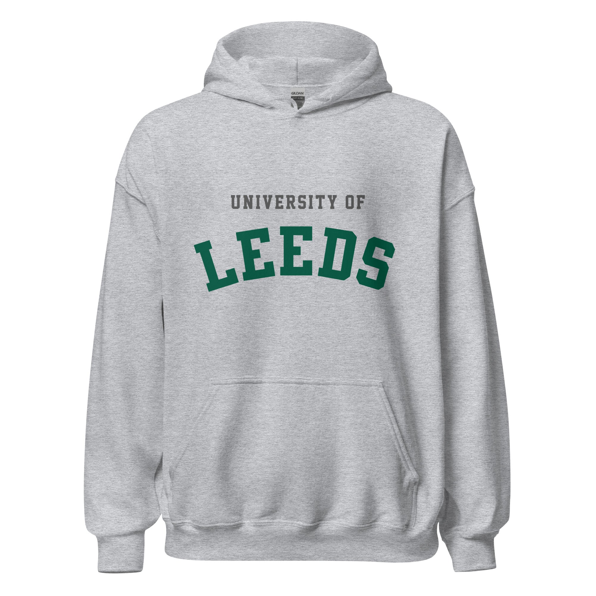 Unisex navy blue hoodie featuring University of Leeds logo printed across the front chest