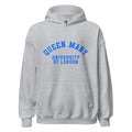 Unisex heather gray hoodie featuring Queen Mary University of London logo printed across the front chest
