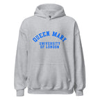 Unisex heather gray hoodie featuring Queen Mary University of London logo printed across the front chest