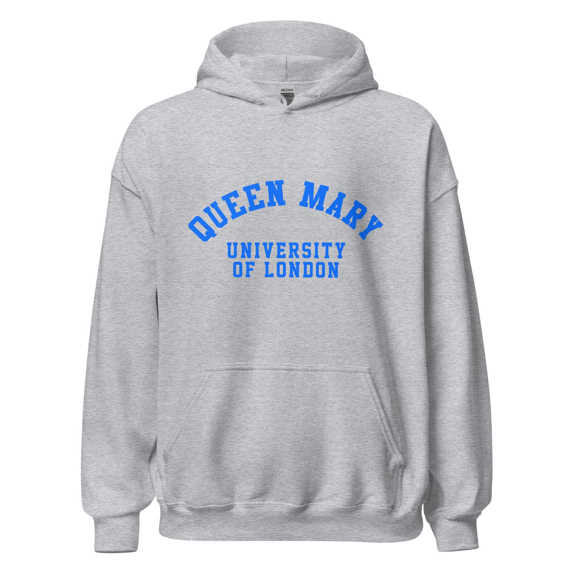 Unisex heather gray hoodie featuring Queen Mary University of London logo printed across the front chest