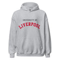 Unisex black hoodie featuring University of Liverpool logo printed across the front chest