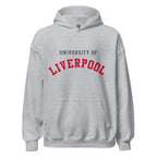 Unisex black hoodie featuring University of Liverpool logo printed across the front chest