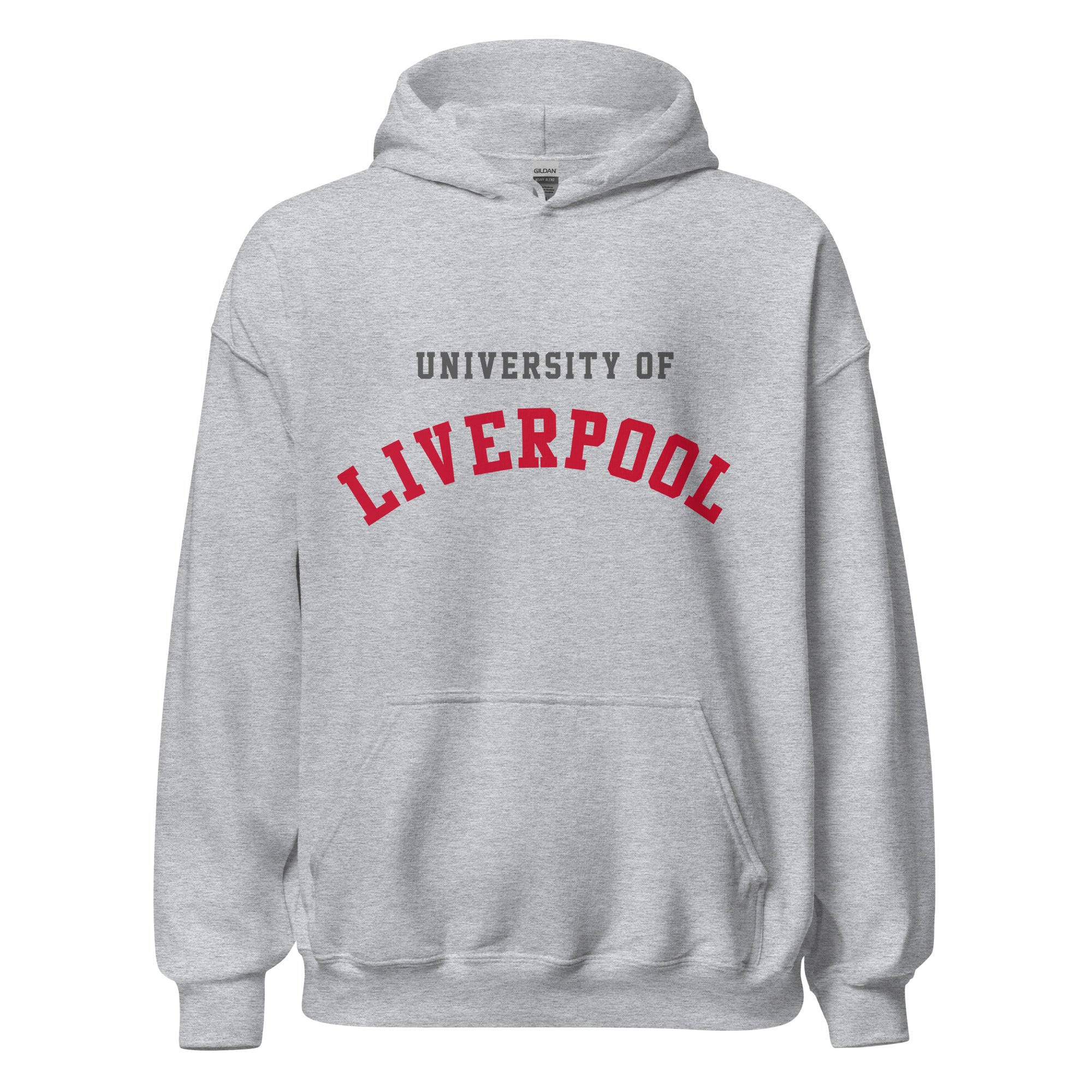 Unisex black hoodie featuring University of Liverpool logo printed across the front chest