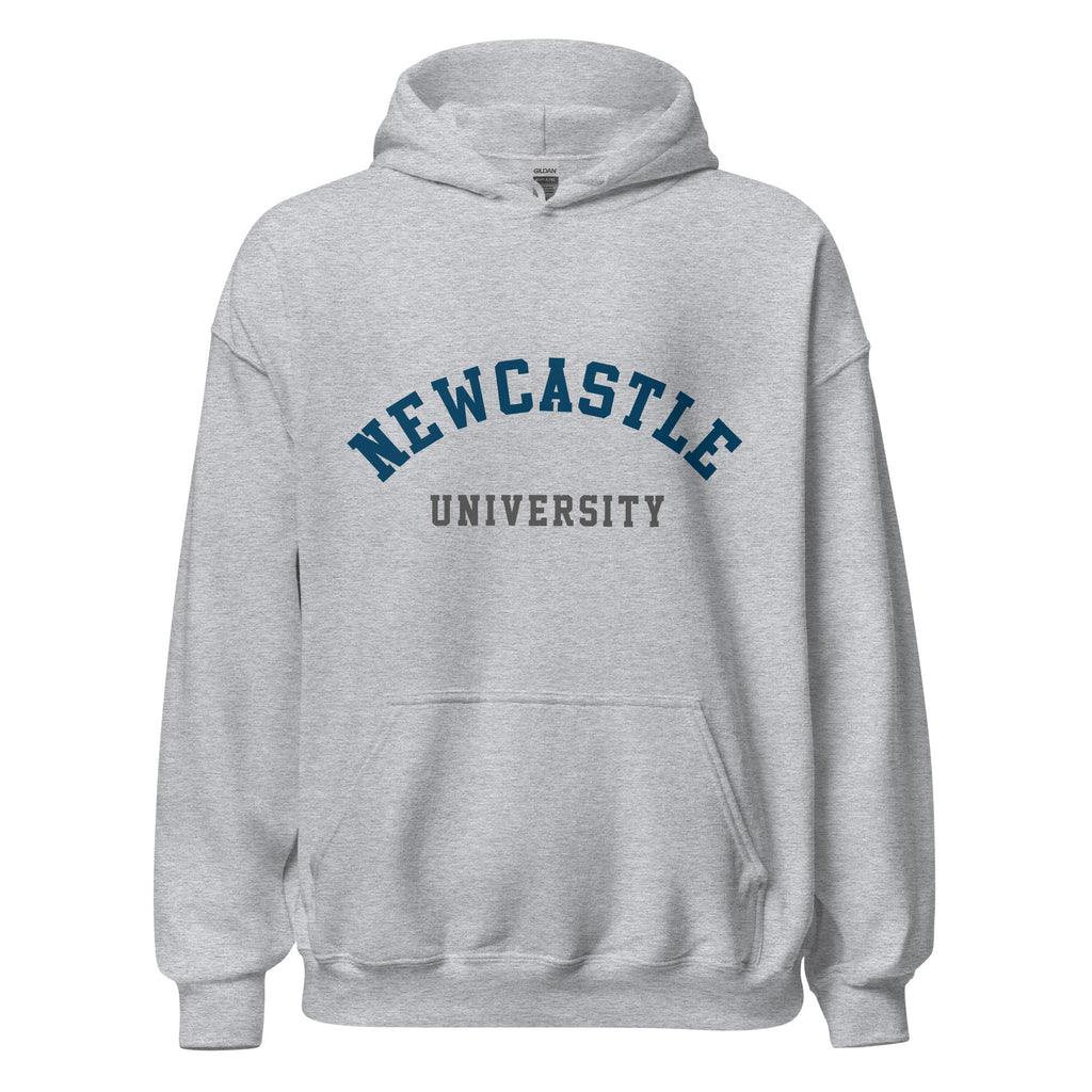 Unisex black hoodie featuring Newcastle University logo printed across the front chest