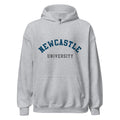 Unisex black hoodie featuring Newcastle University logo printed across the front chest
