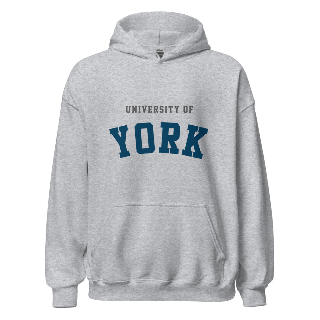 Unisex black hoodie featuring University of York logo printed across the front chest