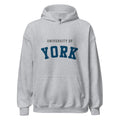 Unisex black hoodie featuring University of York logo printed across the front chest