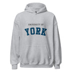 Unisex black hoodie featuring University of York logo printed across the front chest