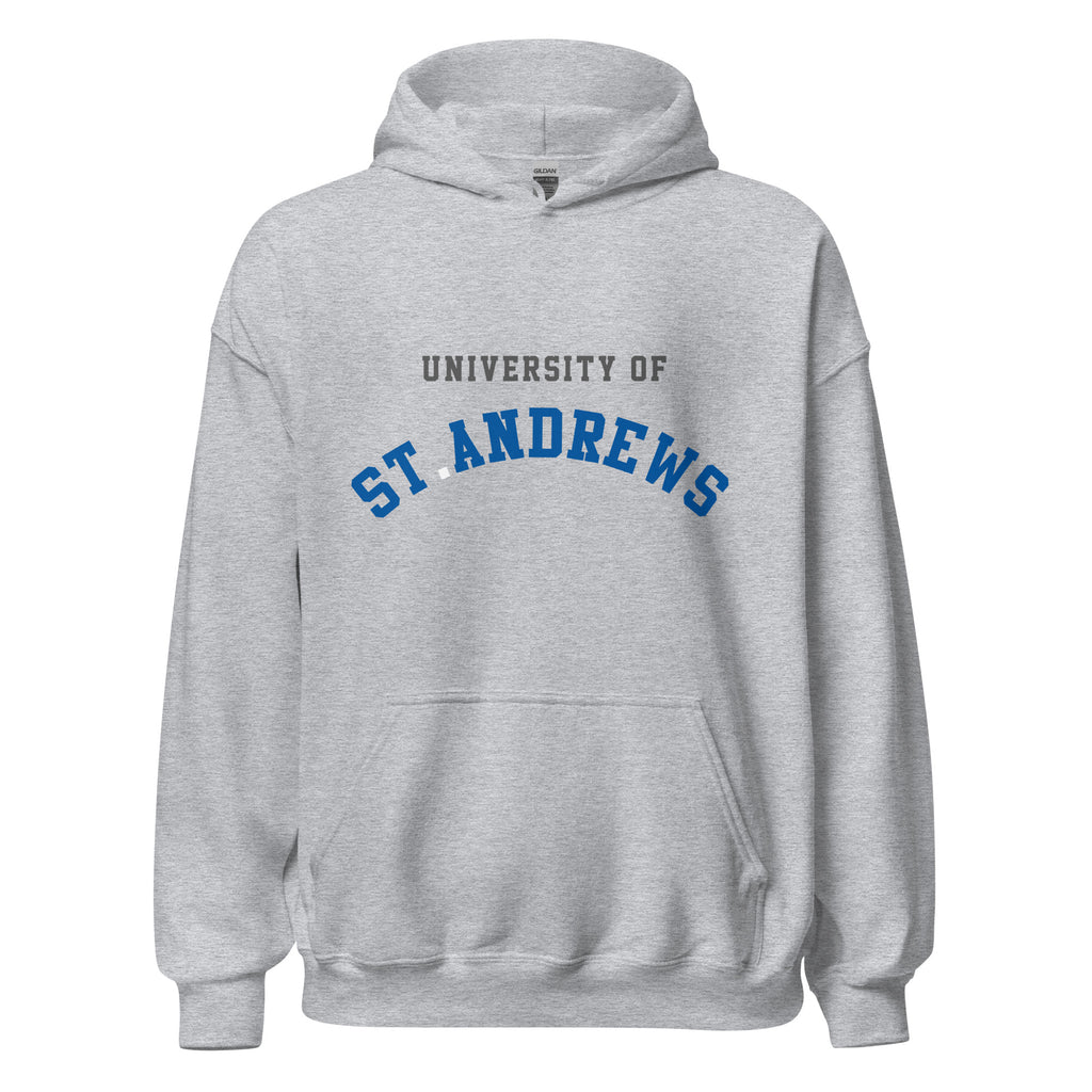 Unisex black hoodie featuring University of St Andrews logo printed across the front chest