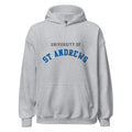 Unisex black hoodie featuring University of St Andrews logo printed across the front chest