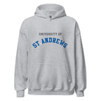 Unisex black hoodie featuring University of St Andrews logo printed across the front chest
