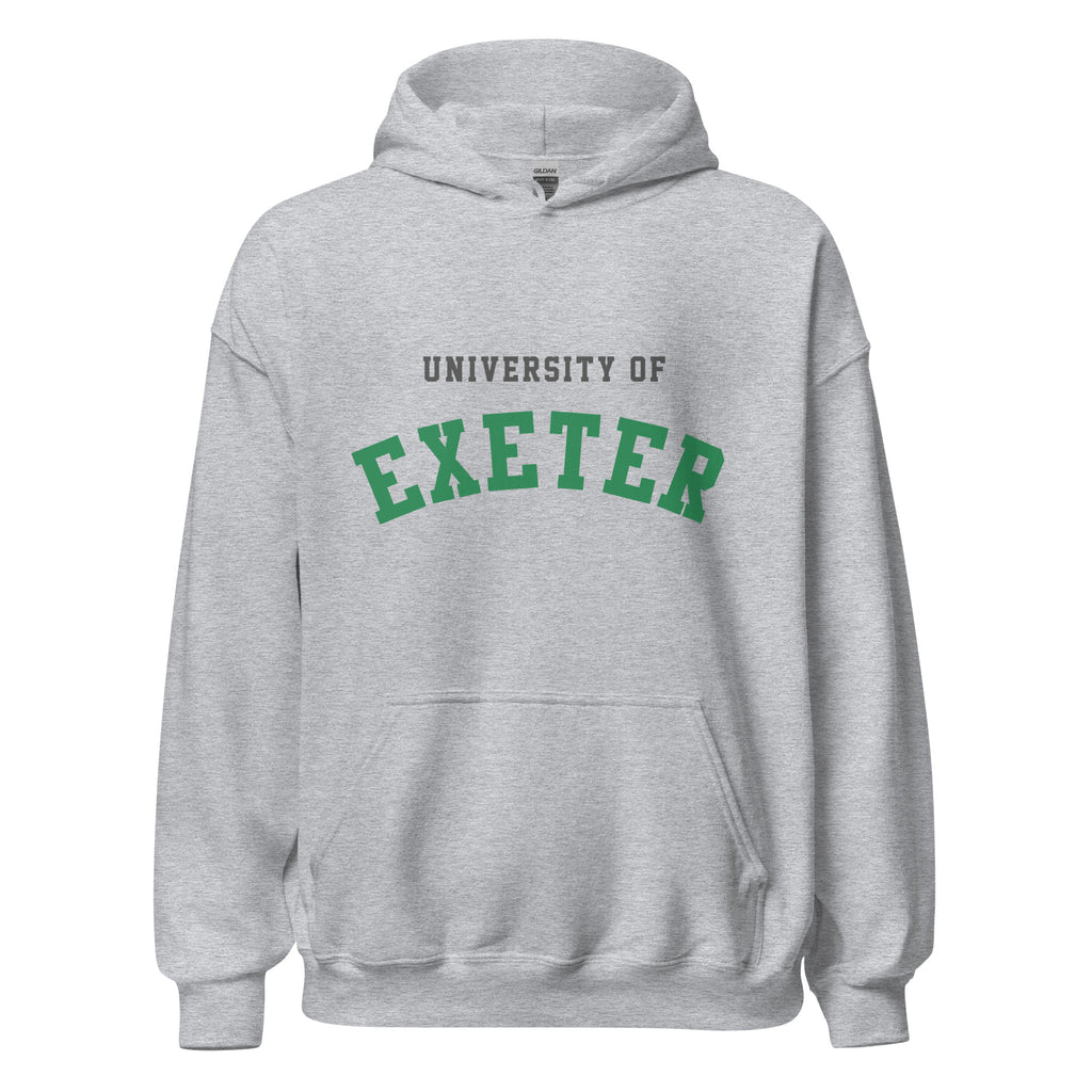 Unisex heather gray hoodie featuring University of Exeter logo printed across the front chest