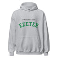 Unisex heather gray hoodie featuring University of Exeter logo printed across the front chest