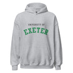 Unisex heather gray hoodie featuring University of Exeter logo printed across the front chest