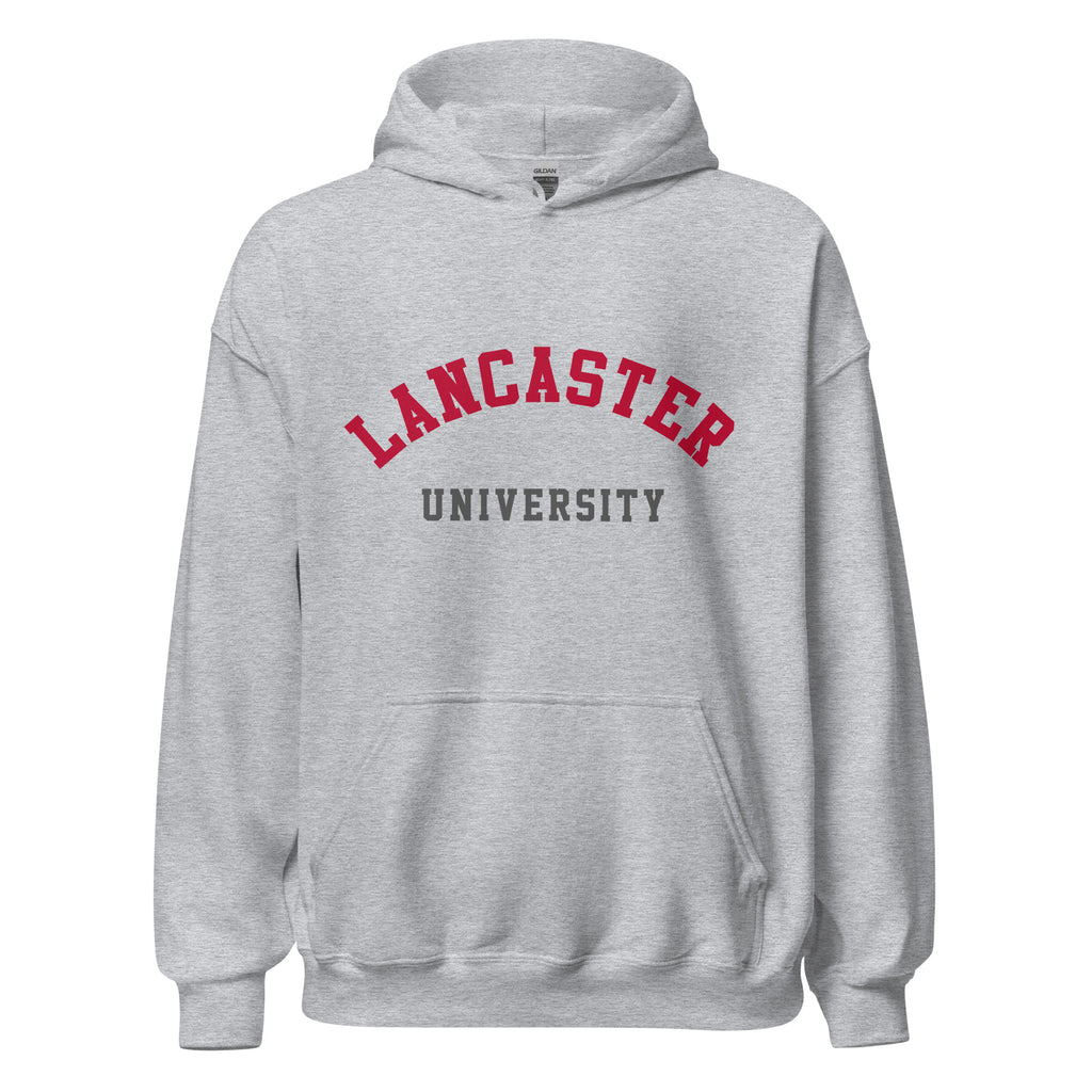 Unisex black hoodie featuring Lancaster University logo printed across the front chest