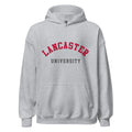 Unisex black hoodie featuring Lancaster University logo printed across the front chest