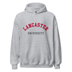 Unisex black hoodie featuring Lancaster University logo printed across the front chest
