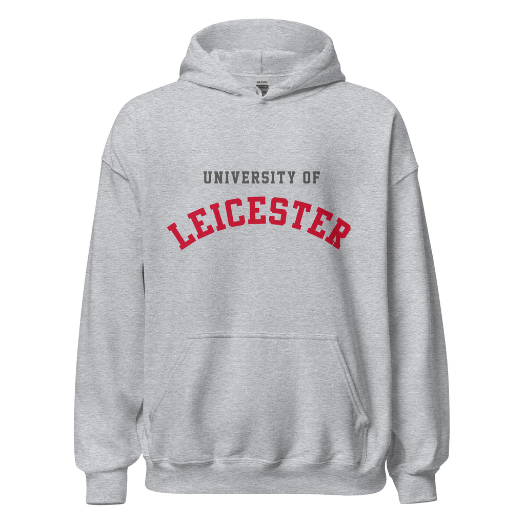 Unisex black hoodie featuring University of Leicester logo printed across the front chest