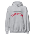 Unisex black hoodie featuring University of Leicester logo printed across the front chest