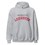 Unisex black hoodie featuring University of Leicester logo printed across the front chest