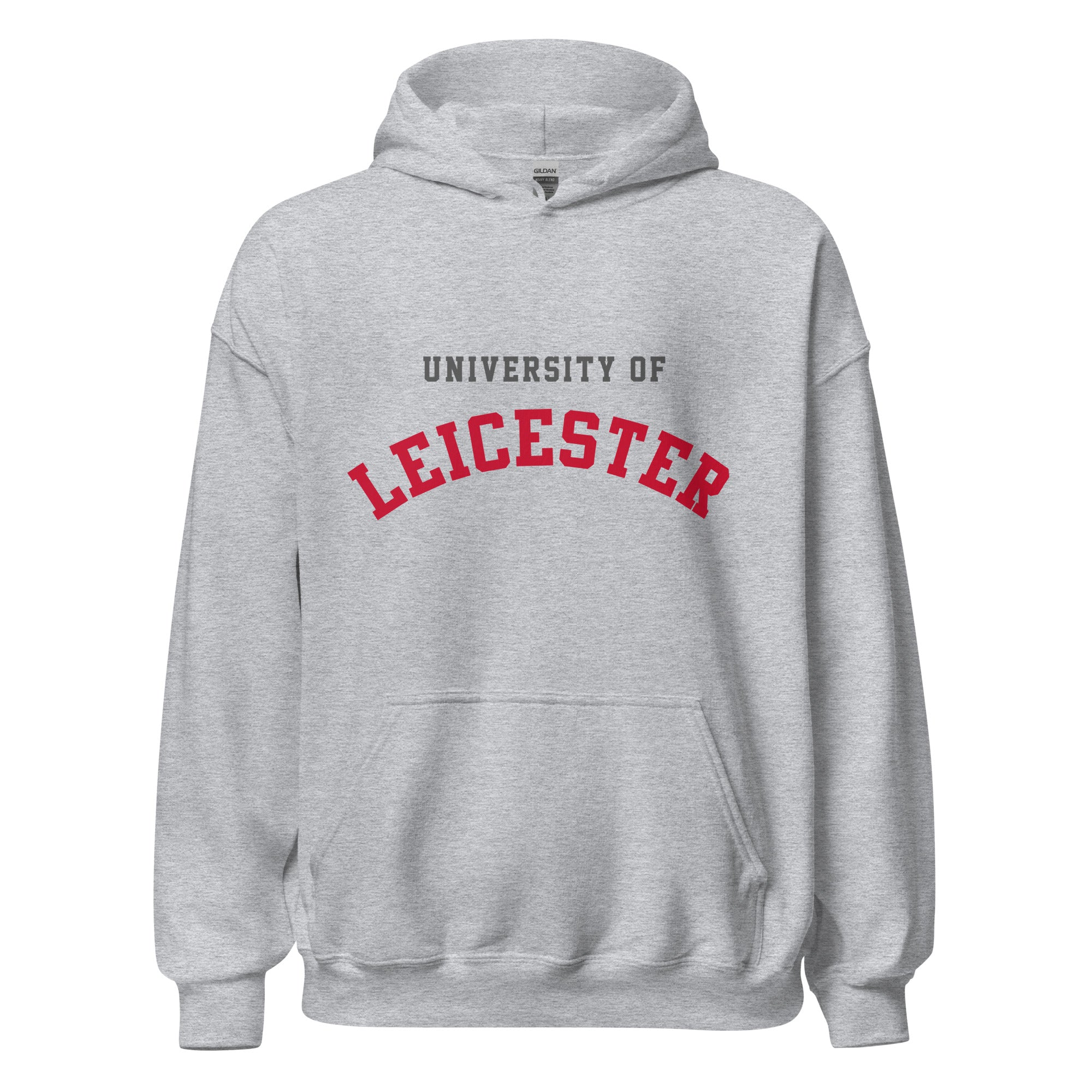 Unisex black hoodie featuring University of Leicester logo printed across the front chest