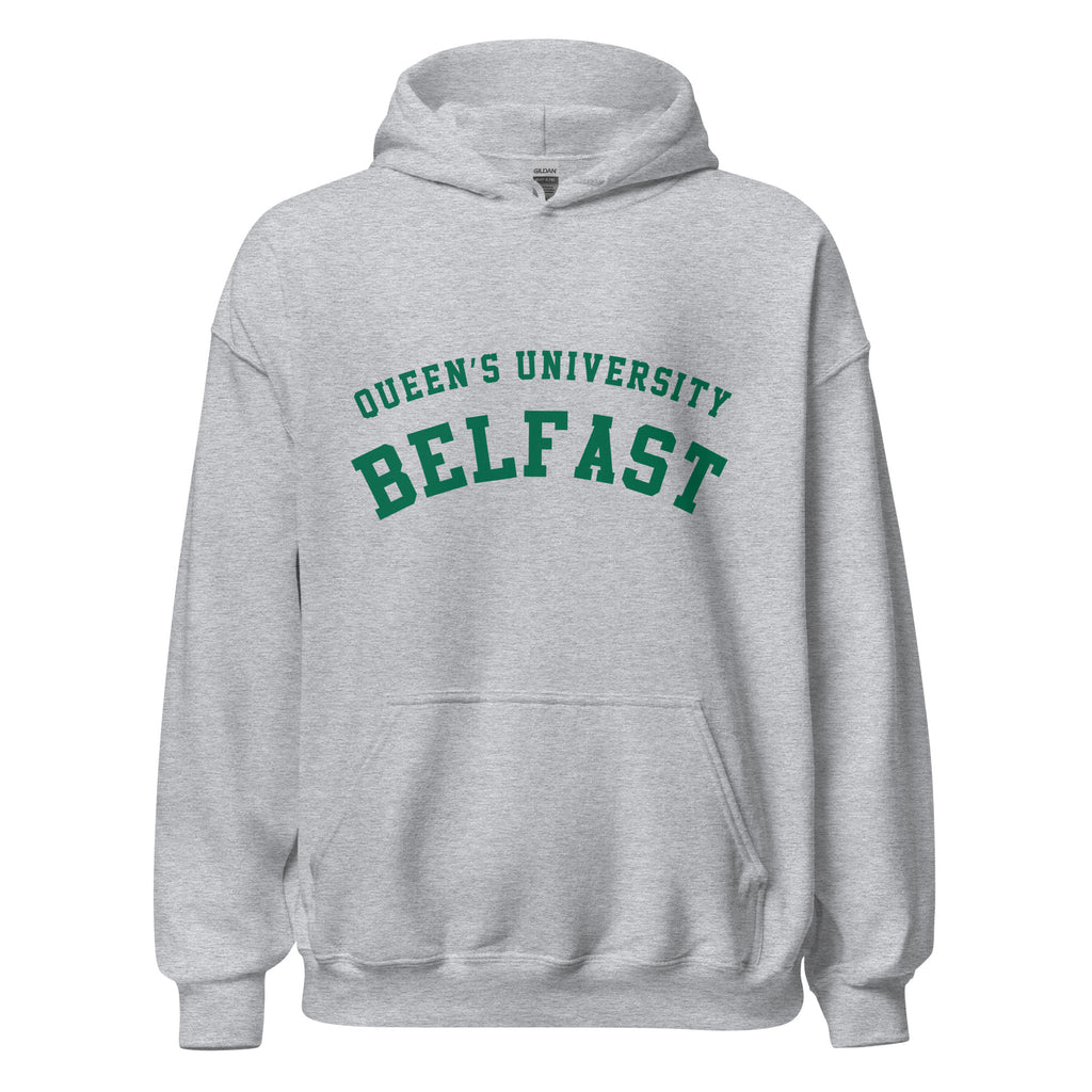 Unisex black hoodie featuring Queen's University Belfast logo printed across the front chest
