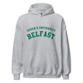 Unisex black hoodie featuring Queen's University Belfast logo printed across the front chest