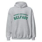 Unisex black hoodie featuring Queen's University Belfast logo printed across the front chest