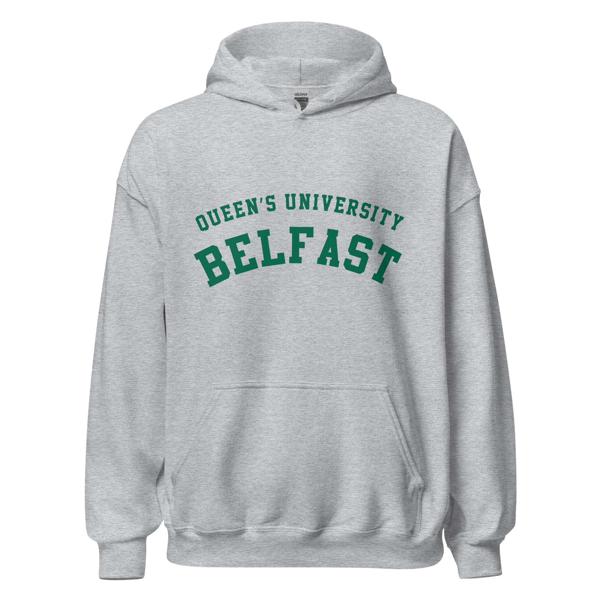 Unisex black hoodie featuring Queen's University Belfast logo printed across the front chest