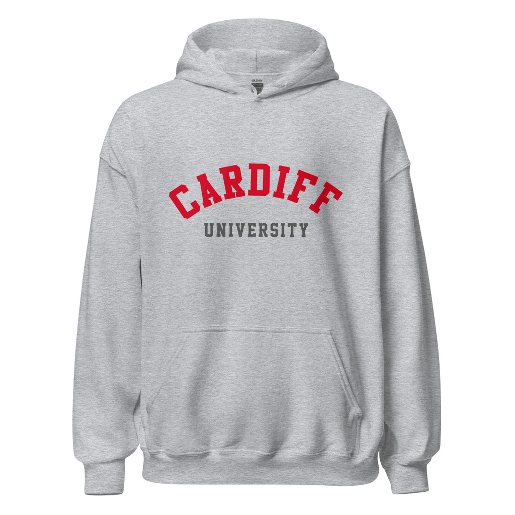 Unisex heather gray hoodie featuring Cardiff University logo printed across the front chest