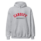 Unisex heather gray hoodie featuring Cardiff University logo printed across the front chest