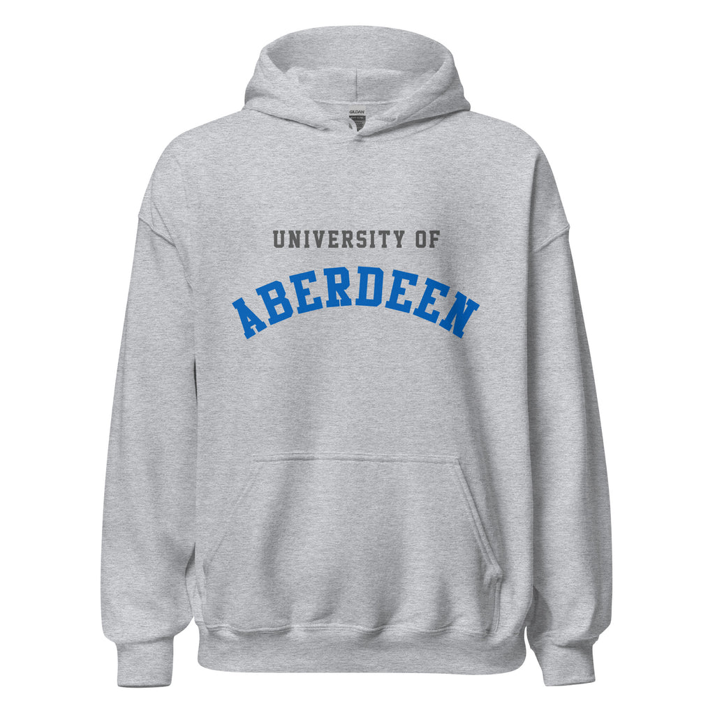 Unisex black hoodie featuring University of Aberdeen logo printed across the front chest
