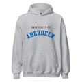 Unisex black hoodie featuring University of Aberdeen logo printed across the front chest