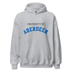 Unisex black hoodie featuring University of Aberdeen logo printed across the front chest