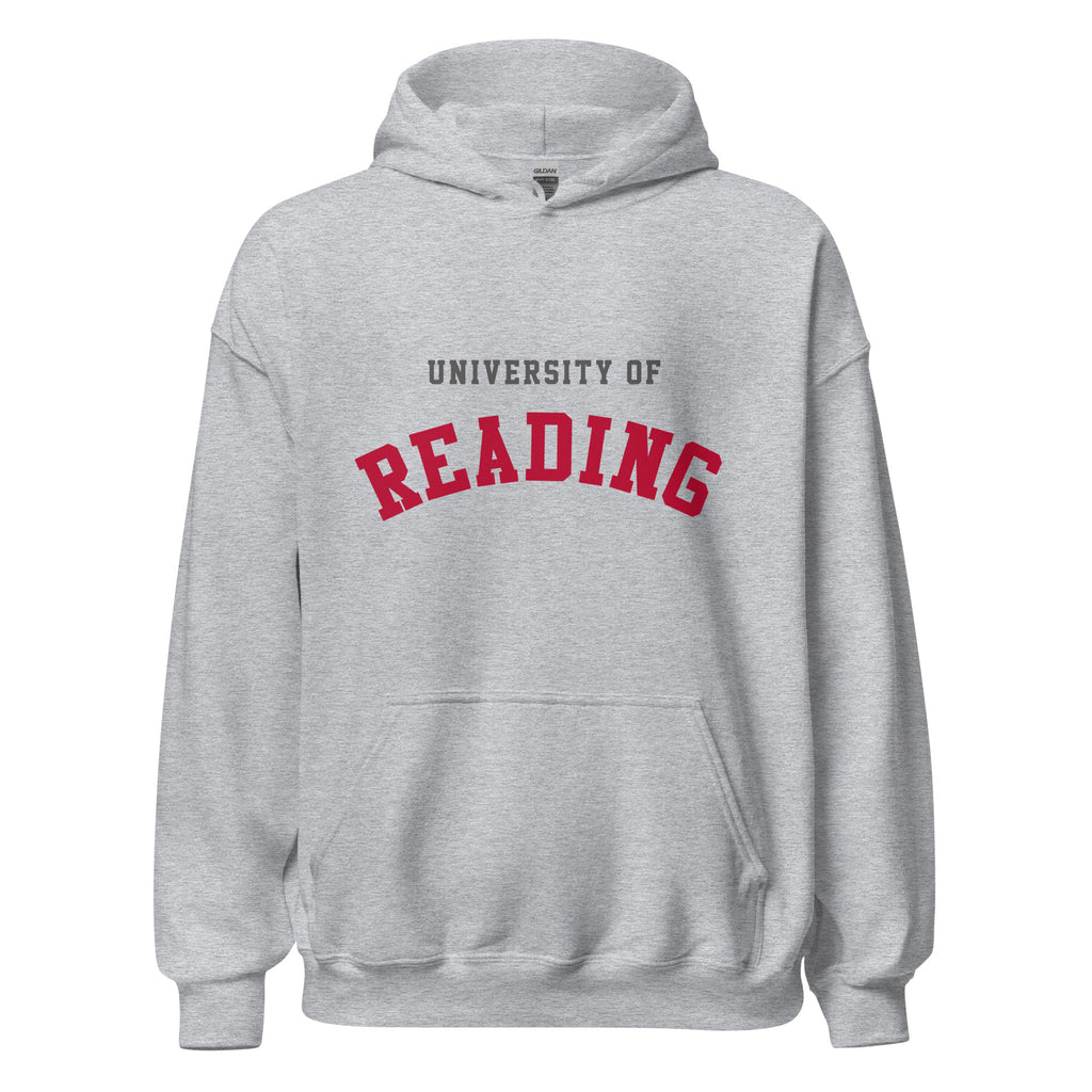 Unisex heather gray hoodie featuring University of Reading logo printed across the front chest