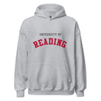 Unisex heather gray hoodie featuring University of Reading logo printed across the front chest