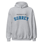 Unisex black hoodie featuring University of Surrey logo printed across the front chest