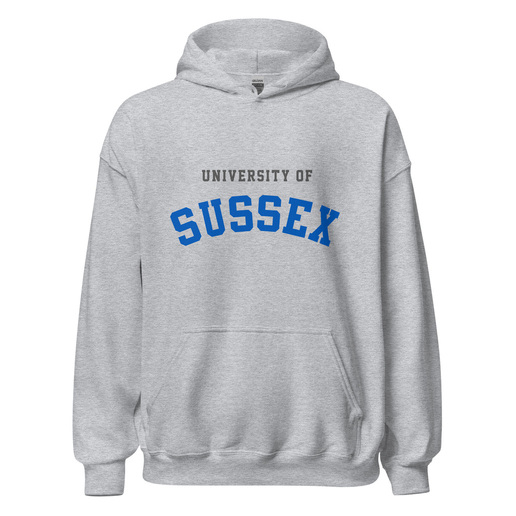 Unisex black hoodie featuring University of Sussex logo printed across the front chest