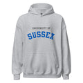 Unisex black hoodie featuring University of Sussex logo printed across the front chest