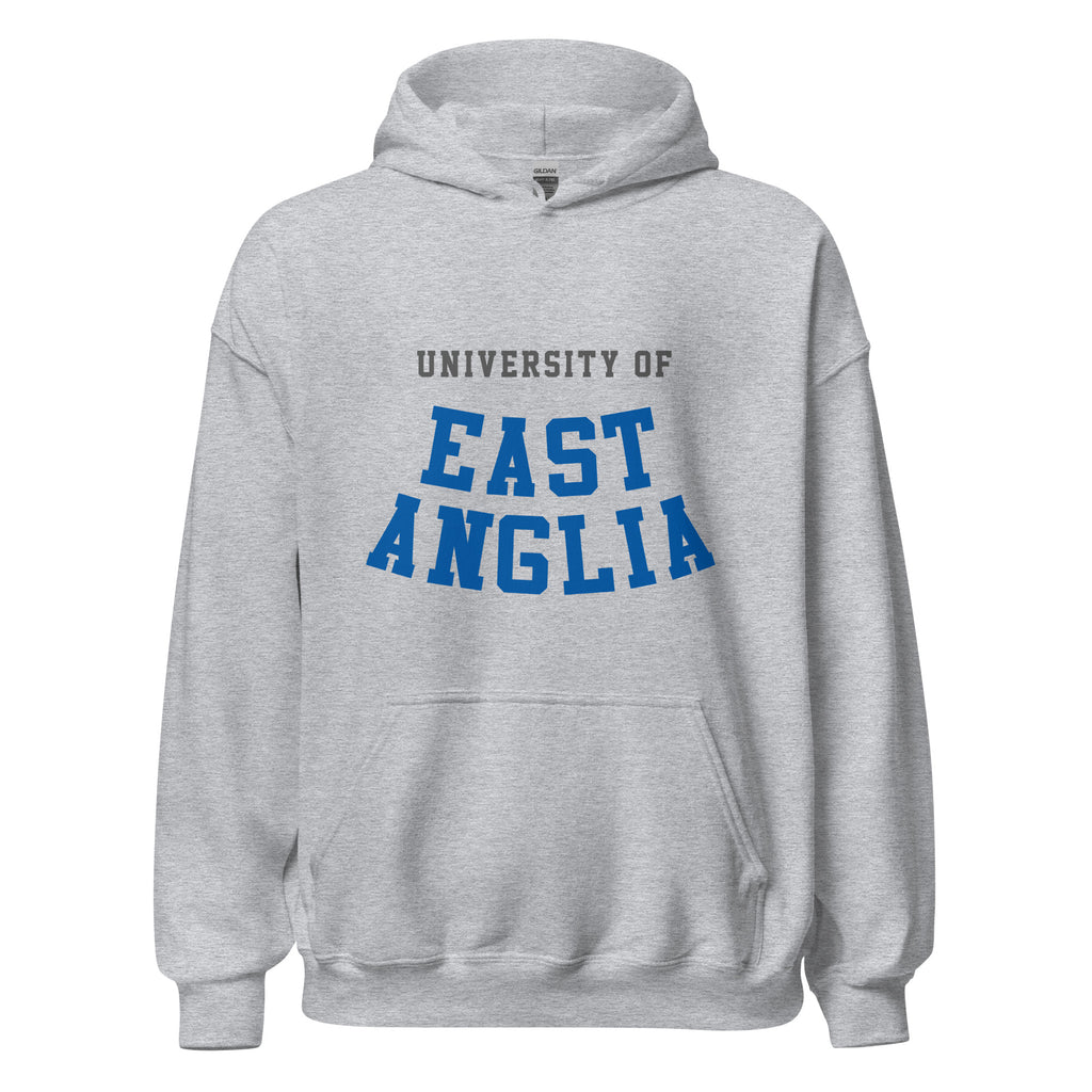 Unisex black hoodie featuring University of East Anglia logo printed across the front chest