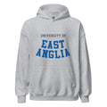 Unisex black hoodie featuring University of East Anglia logo printed across the front chest