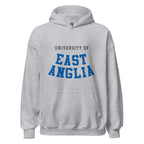 Unisex black hoodie featuring University of East Anglia logo printed across the front chest