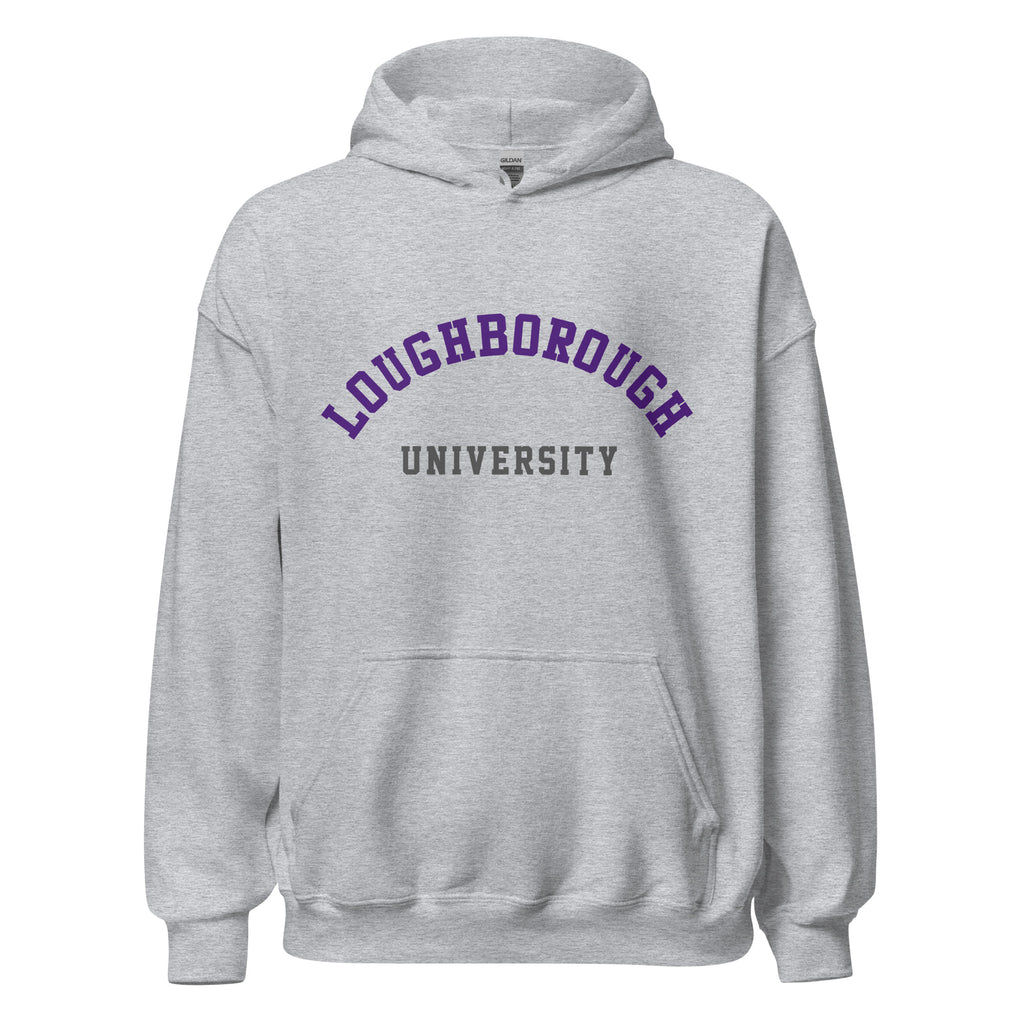 Unisex heather gray hoodie featuring Loughborough University logo printed across the front chest