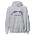 Unisex heather gray hoodie featuring Loughborough University logo printed across the front chest
